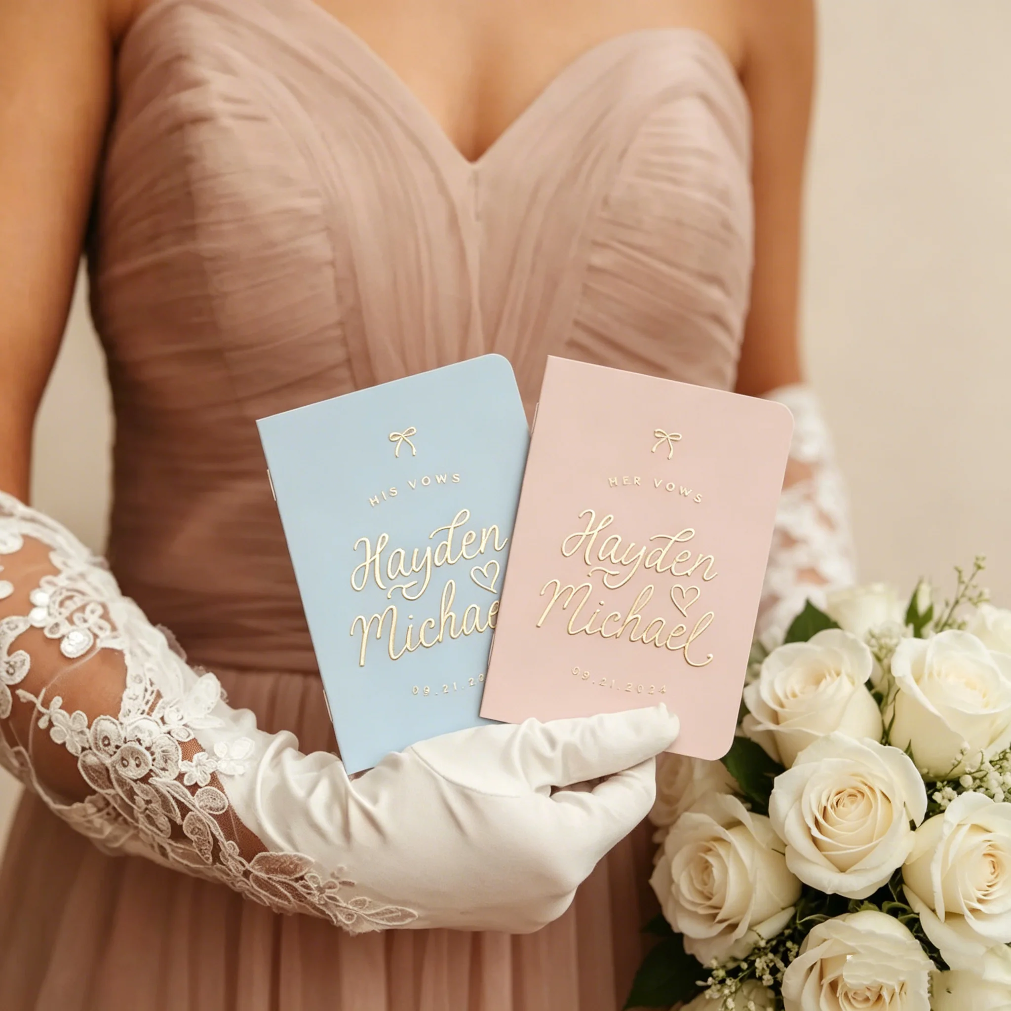 花嫁と花婿のためのパーソナライズされた結婚誓約書セット、蝶結び装飾の誓約書、ニュートラルカラーのエレガントな金箔結婚記念品-ヘイ