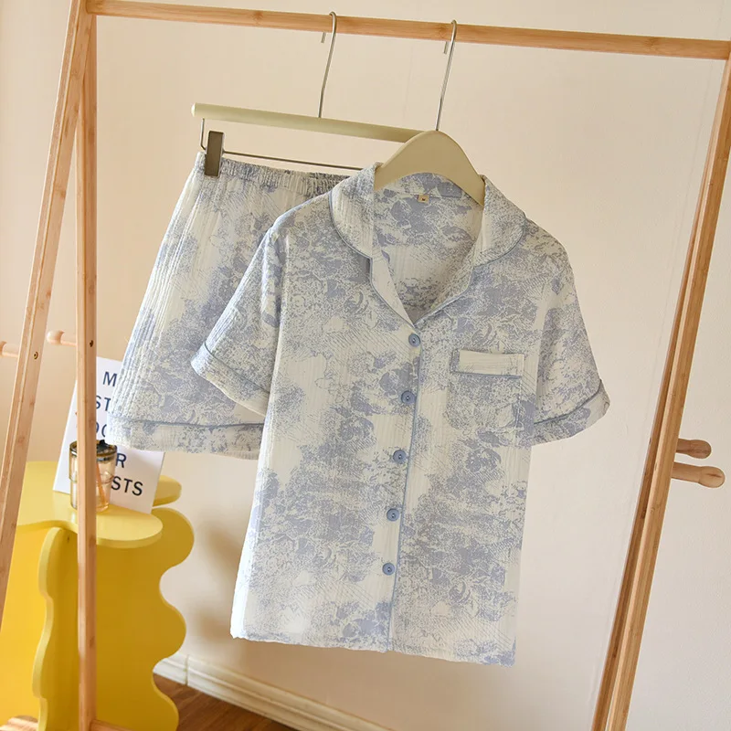 100% Cotton Pajamas For Women Vintage Printed Short Sleeve Shorts Home Suit Lapel Shirt Pant Sets Casual Sleepwear Clothes image 5