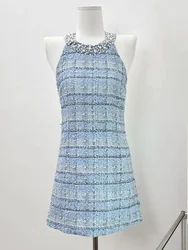 French Small Fragrance Fashion Beading Slim A-Line Dresses Women Summer New Elegant Sleeveless Tweed Dress Halter Female