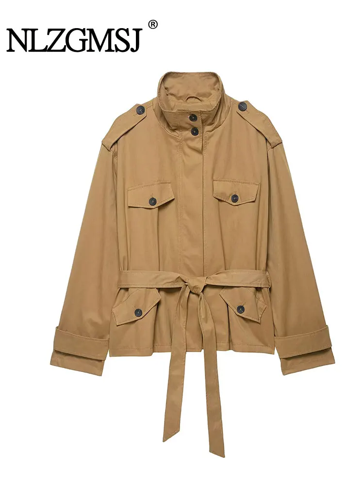 

NLZGMSJ Woman Vintage Casual Chic Women Trench Jacket Solid Belt Single Breasted Short Coat Fashion Autumn Coat
