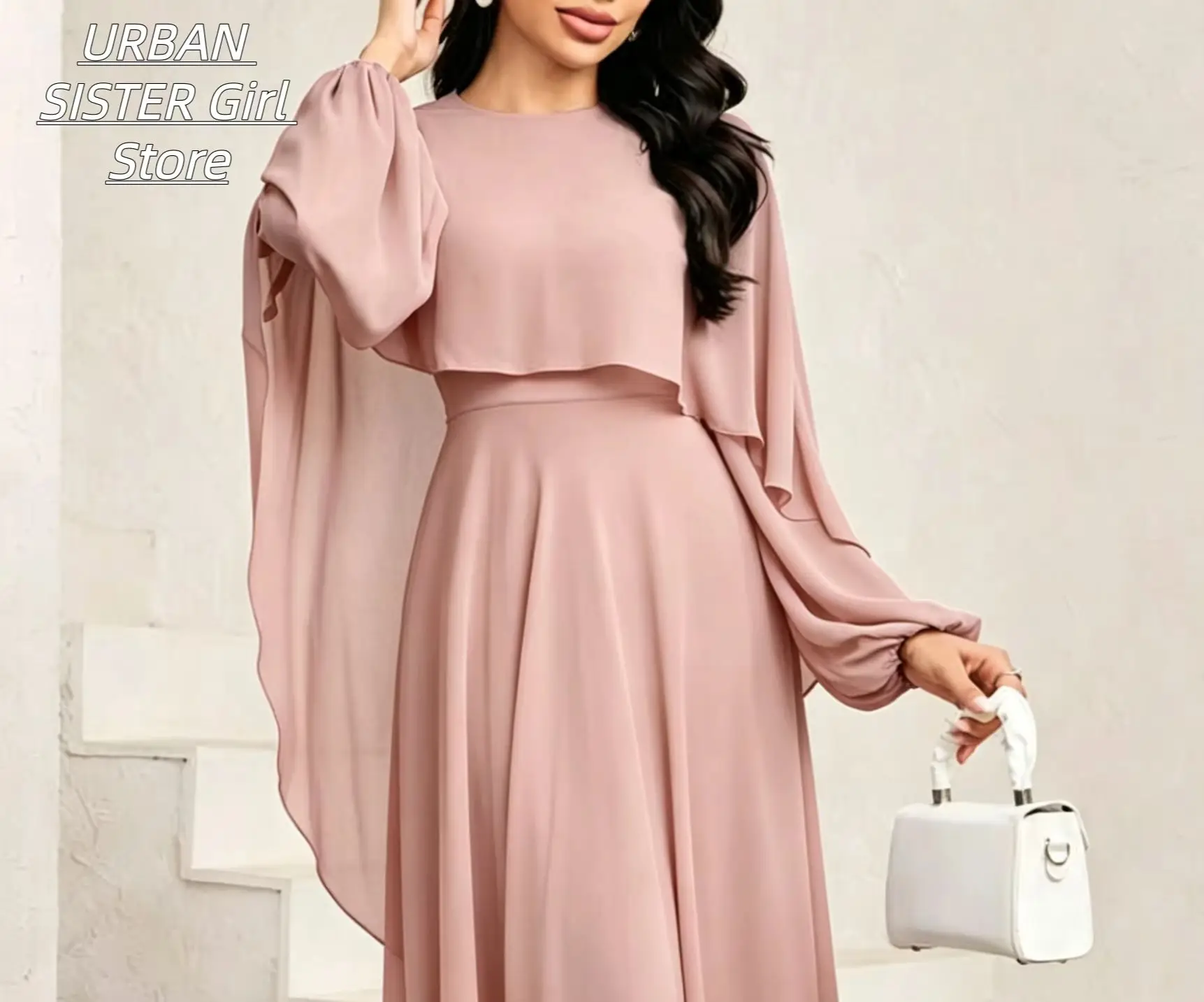 Nude Pink Round-Neck Cape Shawl Puff Long-Sleeve High-Waist Flowing Chiffon Long Dress, Elegant and Figure-Flattering Wedding Bridesmaid Banquet Gown view 5