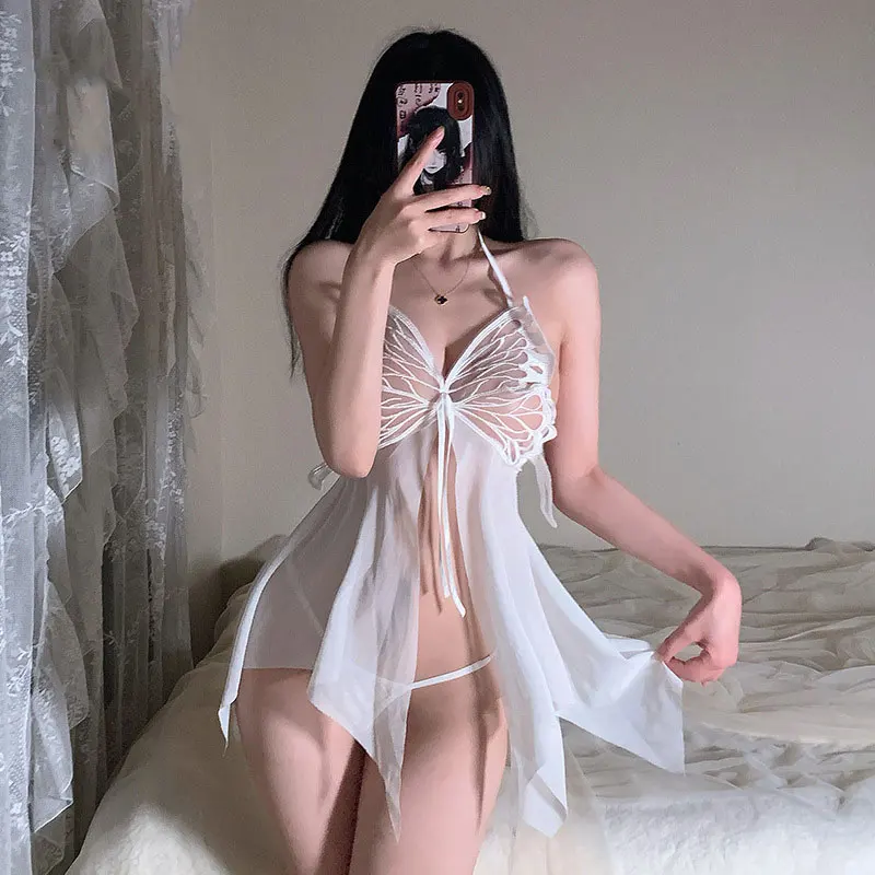 Adult Sexy Female Intimate Lingerie Women\'s Short Skirts Erotic Costume Halter Nightgown Open Transparent Uniform Babydoll Dress