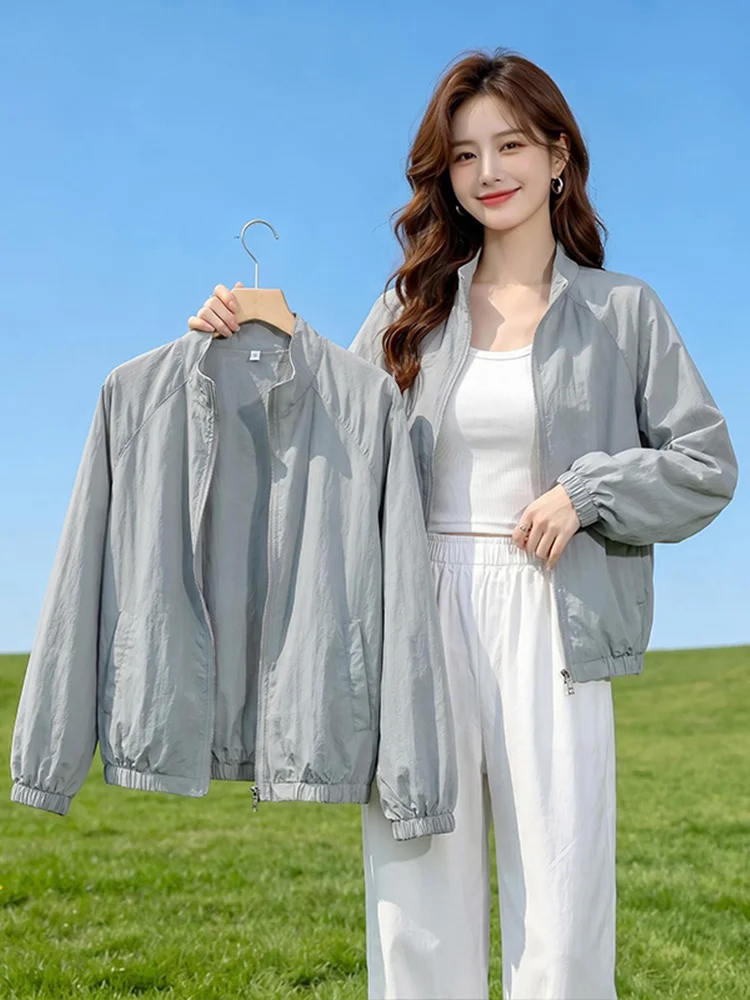 

Women's Summer Zipper Cardigan Lightweight Breathable Stand Collar Jacket UPF Sun Protection Casual Loose Fit Long Sleeve
