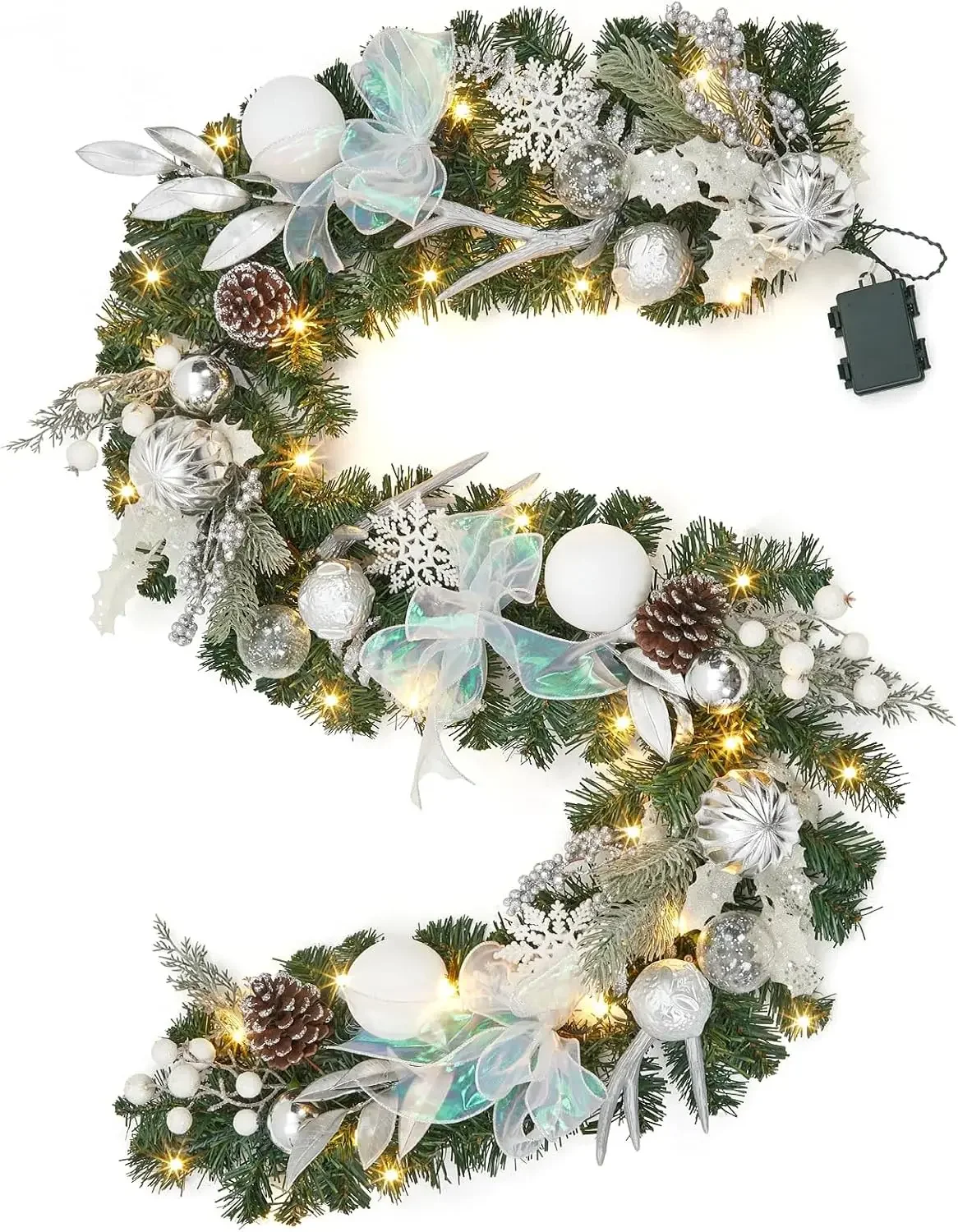 Garvee 6FT White Silver Christmas Garland with Lights & Timer for Mantle 20 LEDs 8 Modes Battery Operated, Lighted Winter Garland with Deer Antlers & Ball Ornaments for Fireplace Stairs - view 4