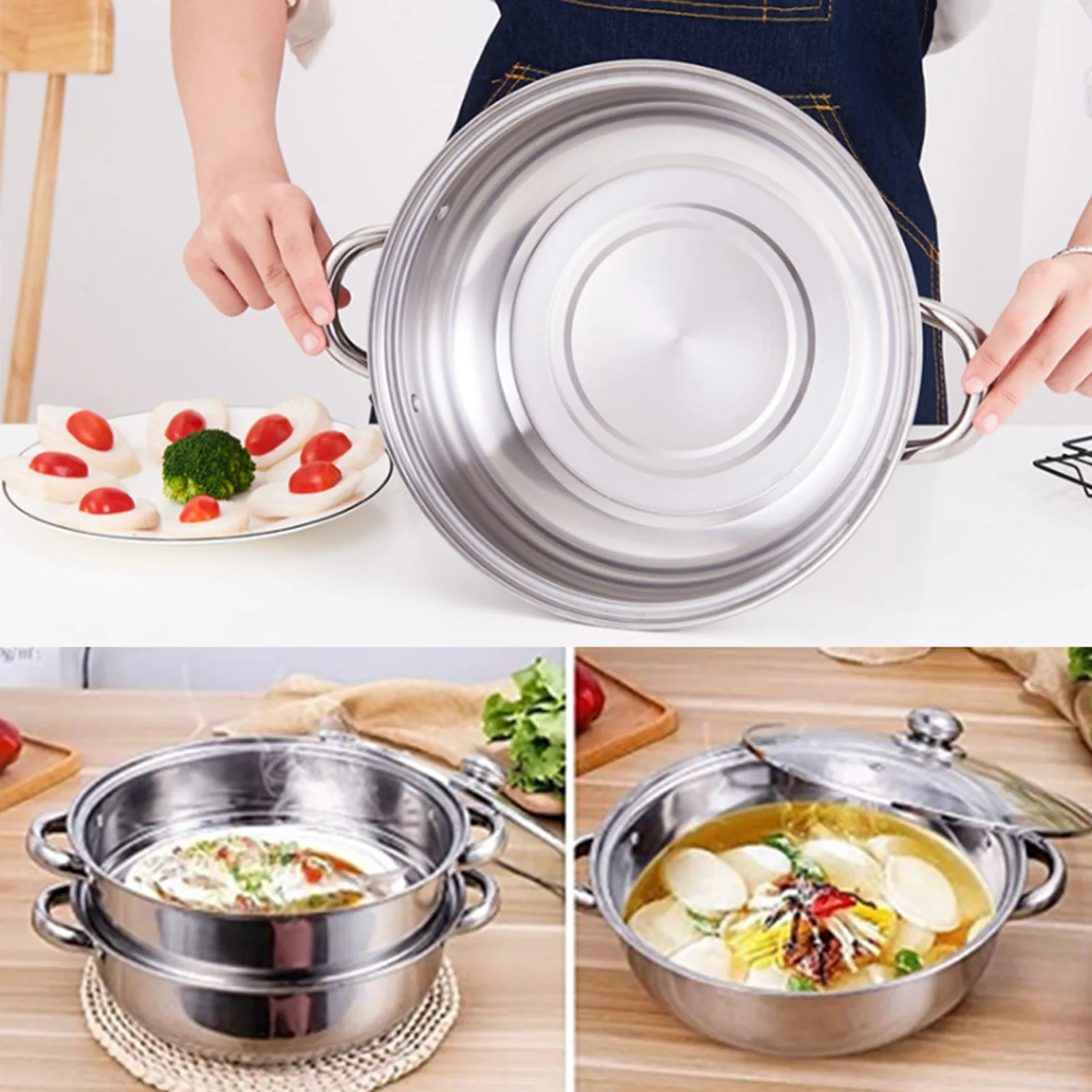 Stainless Steel Cookware 27cm/11in 2-Layer Steamer Pot Cooker Double Boiler Soup Steaming Pot