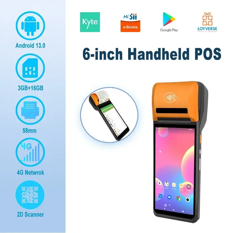 

Новый 6-дюймовый POS-терминал Android 13 с 58-миллиметровым принтером Loyverse Mobile NFC Rearde 4G WIFI BT Connection 2D Scanner PDA