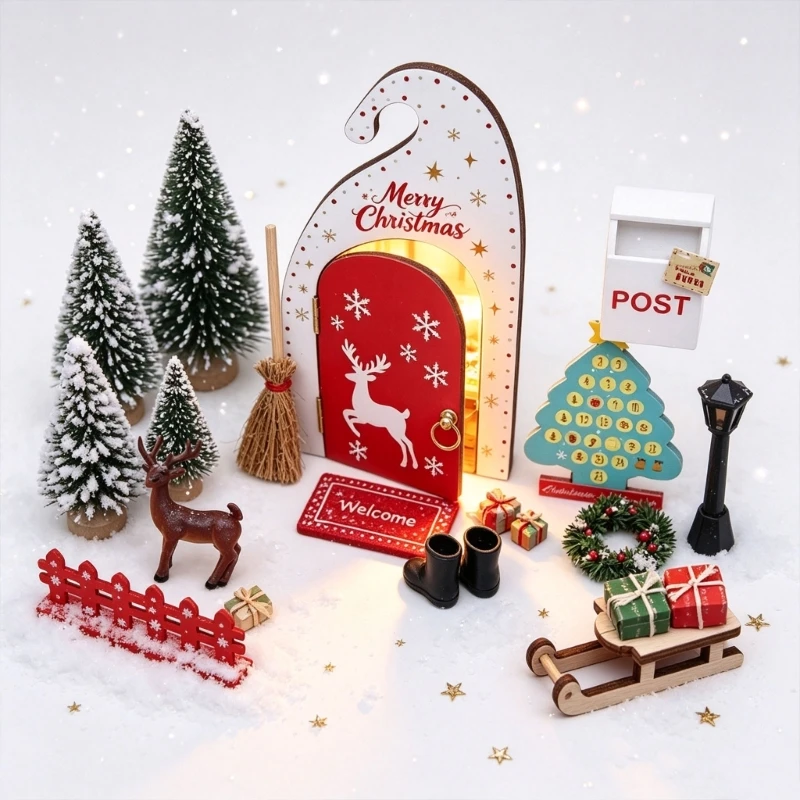 Mini Christmas Door Accessory Set Wooden Holiday Miniature Display Collection for Tabletop Styling, Home Holiday Display 15UB