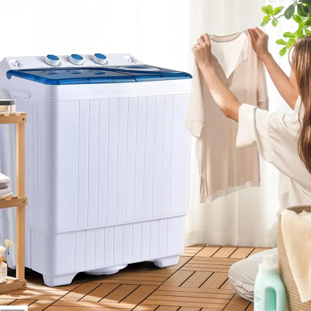 

Compact Twin Tub Laundry Washer with 18lbs Wash and 8lbs Spin, Timer Knobs, Built-in Drain Pump, Ideal for Home or Dorm, Blue an