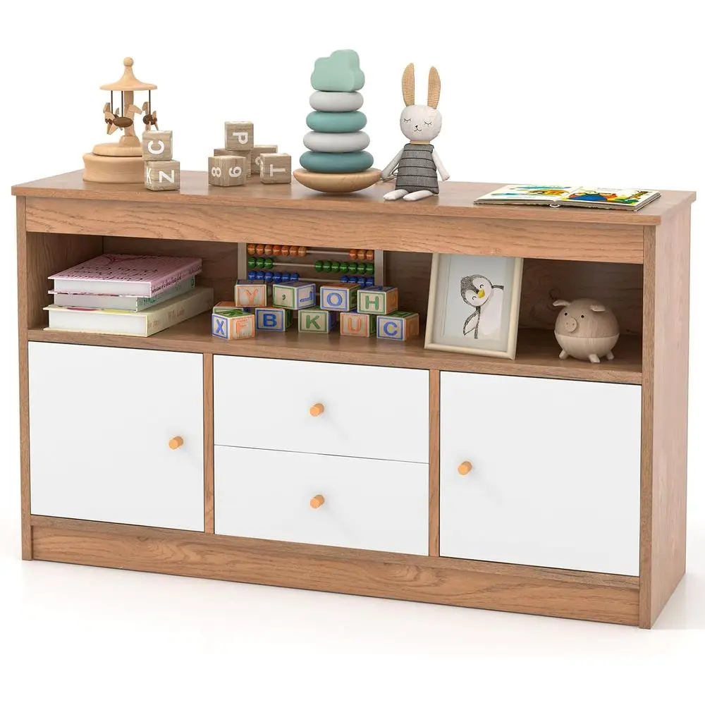 

Natural Wooden Toy Storage Organizer with 2 Drawers, 2 Cabinets, and 1 Open Compartment for Kids' Playroom and Nursery