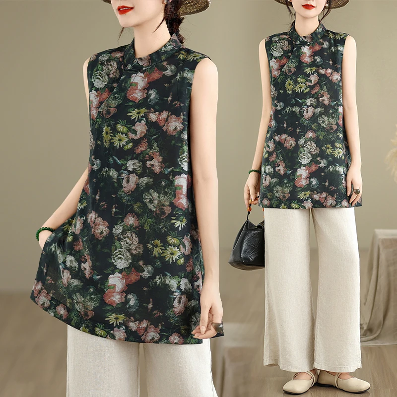 

Новая китайская женская удлиненная рубашка-жилет в стиле ретро с пуговицами, цветочным принтом и разрезом, прикрывающая бедра, летняя, из смесового хлопка