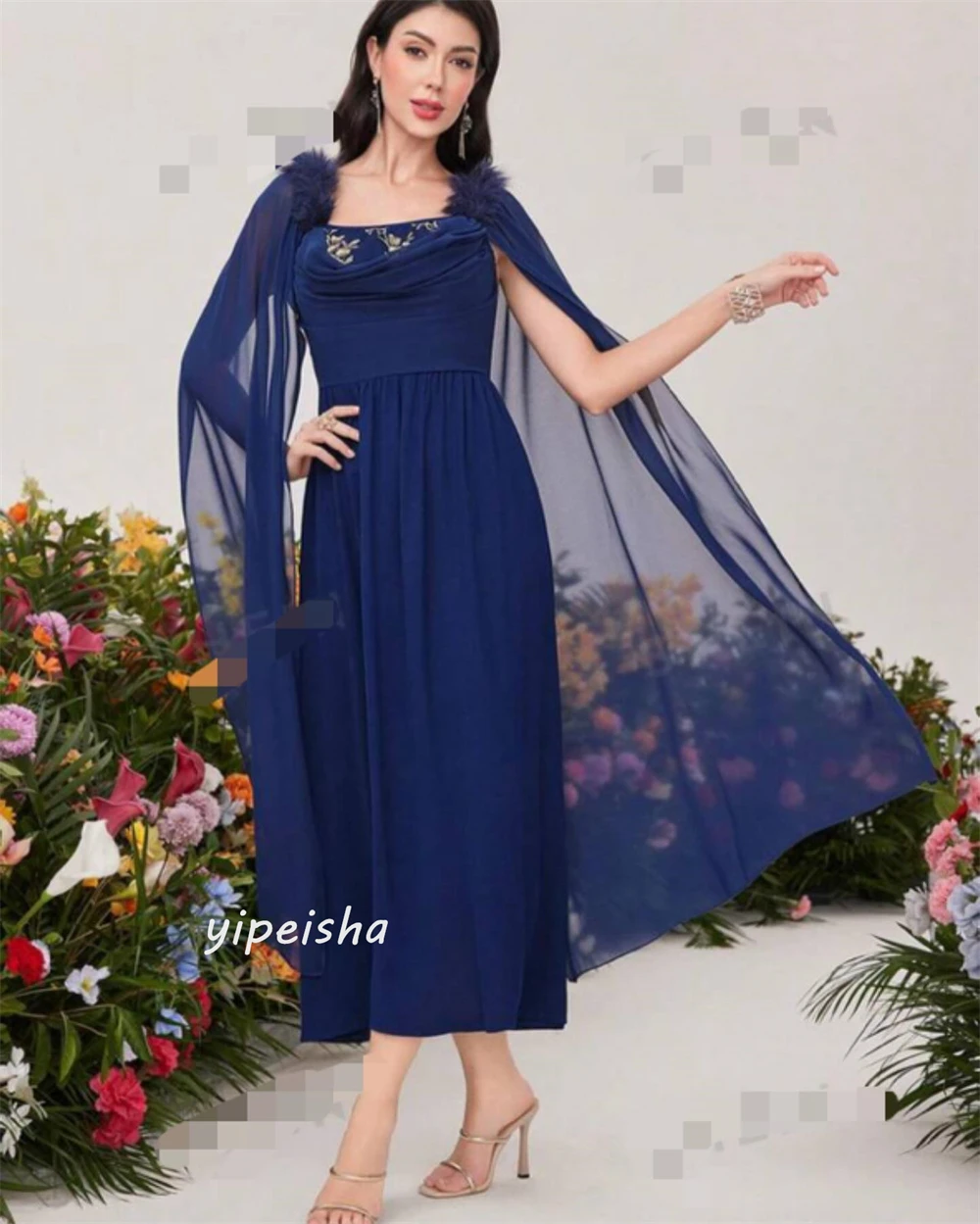 Customized  Chiffon Applique Draped Feather Celebrity A-line Square Collar Bespoke Occasion Gown Midi Dresses