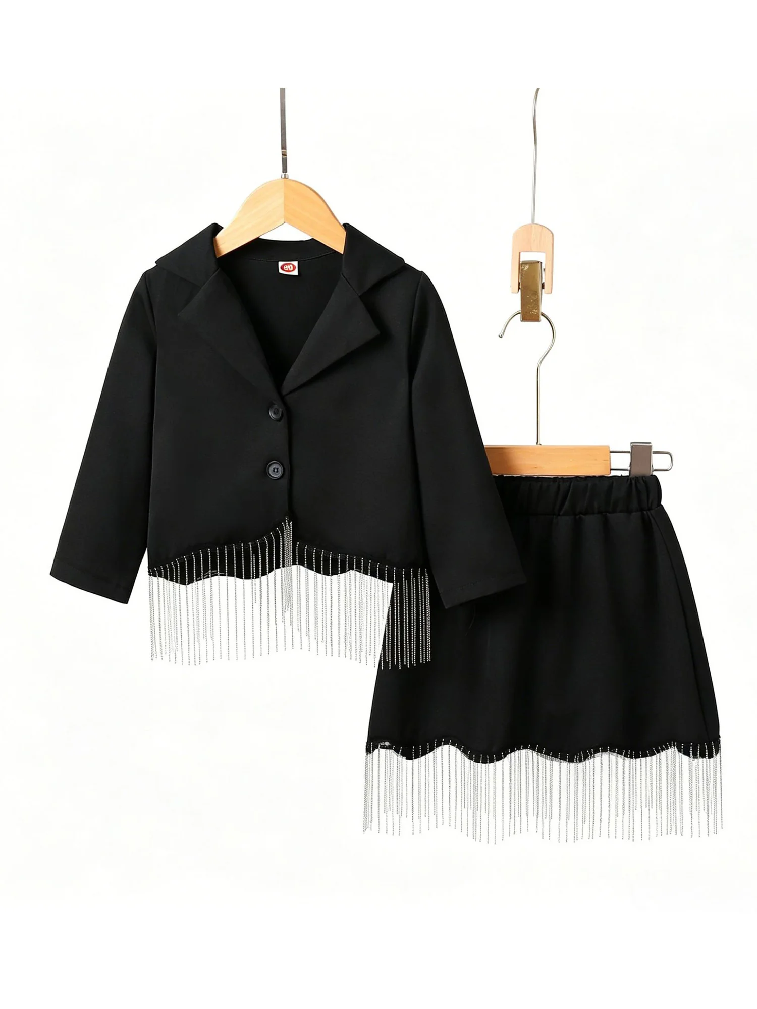 Kids Beaded Tassels Lapel Blazer Skirt Suits Girls Preppy Style Dancing Birthday Party Outfit Two-piece Set Fashion Streetwear