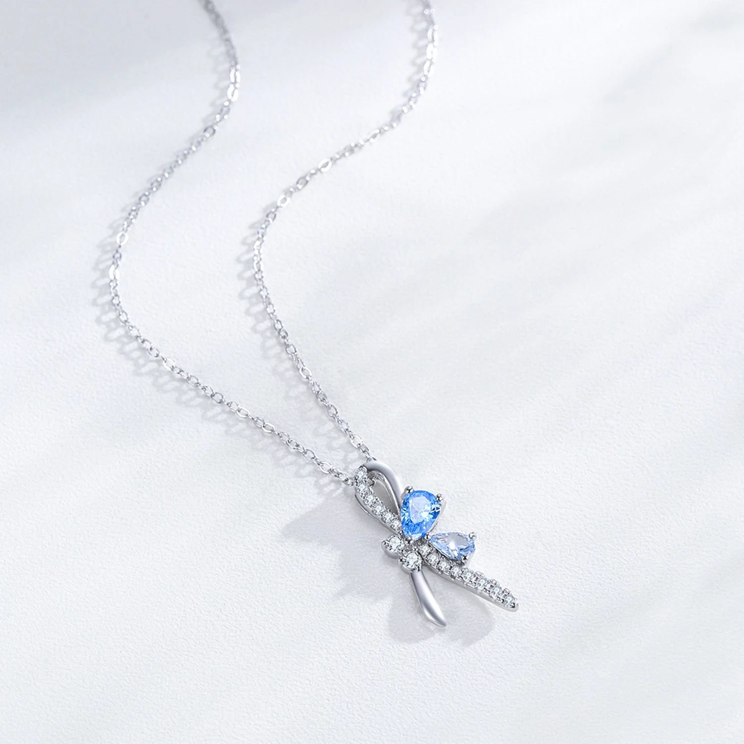 Ailmay 925 Sterling Silver Elegant Bow Pendant Necklace For Ladies Blue Water Droplet Zircon Party Jewelry Gifts