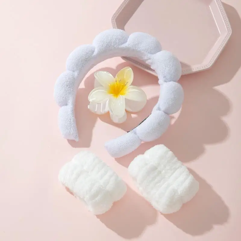 4/6-teiliges Plüsch-Hautpflege-Stirnband-Set mit saugfähigen Handgelenkbändern und niedlicher Blumen-Haarklammer für Gesichtsreinigung, Make-up und Hautpflege – Detail 14