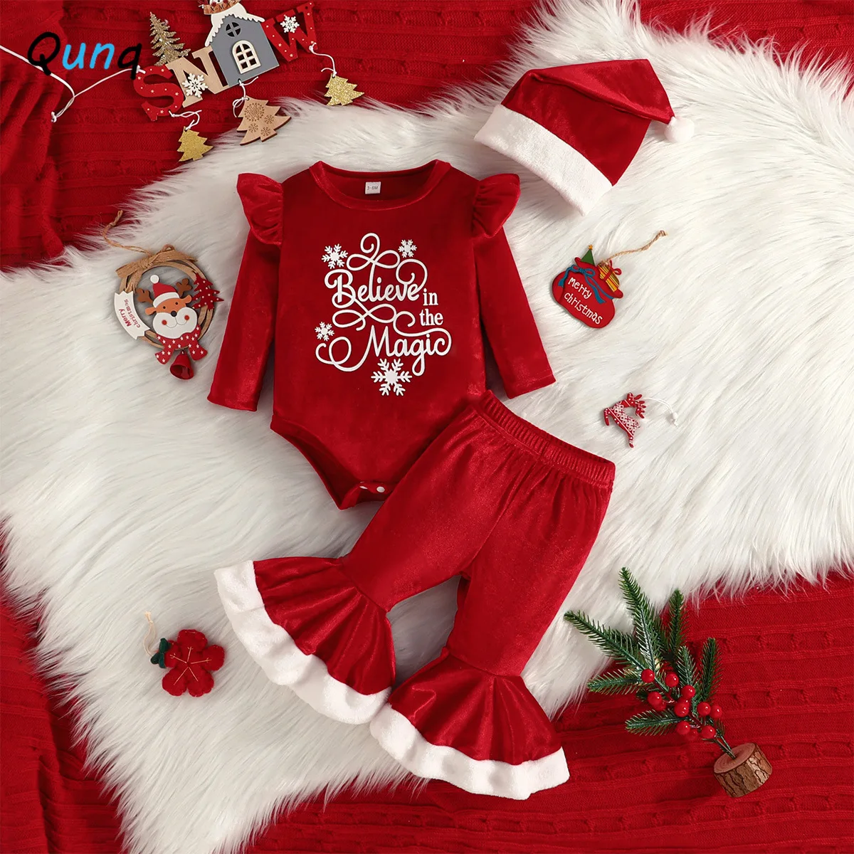 

Qunq 2023 Autumn Christmas Costume Girls Flying Sleeve Rompers + Bell-bottoms And Cap 3 Pieces Set Casual Kids Clothes Age 1T-3T