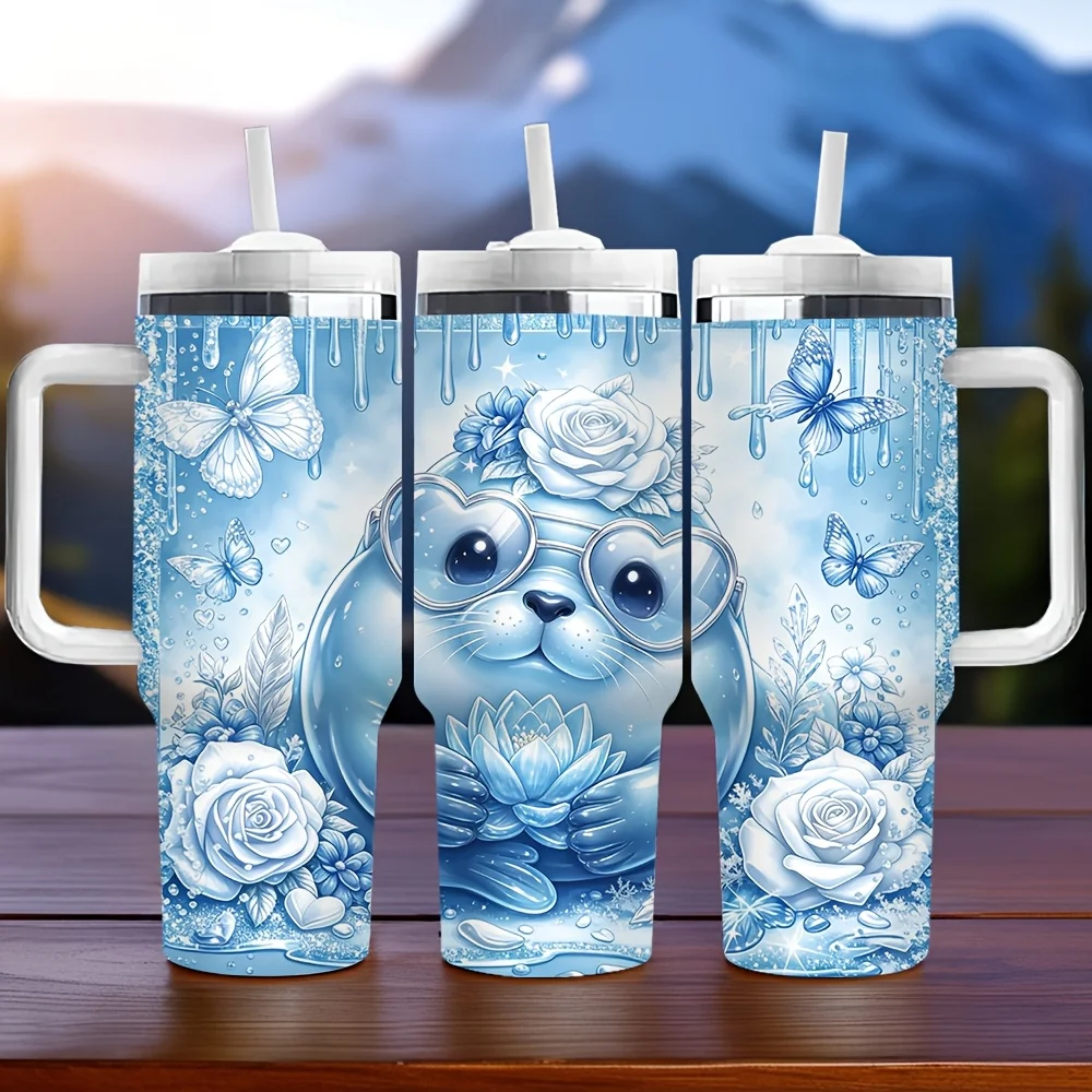40Oz Insulated Tumbler with Handle, Printed with Lovely Blue Rabbit Butterfly And Rose, Features Long-Lasting Temperature Retention, It Is an Ideal Holiday Birthday Gift for Daily Use And Outdoor Activities