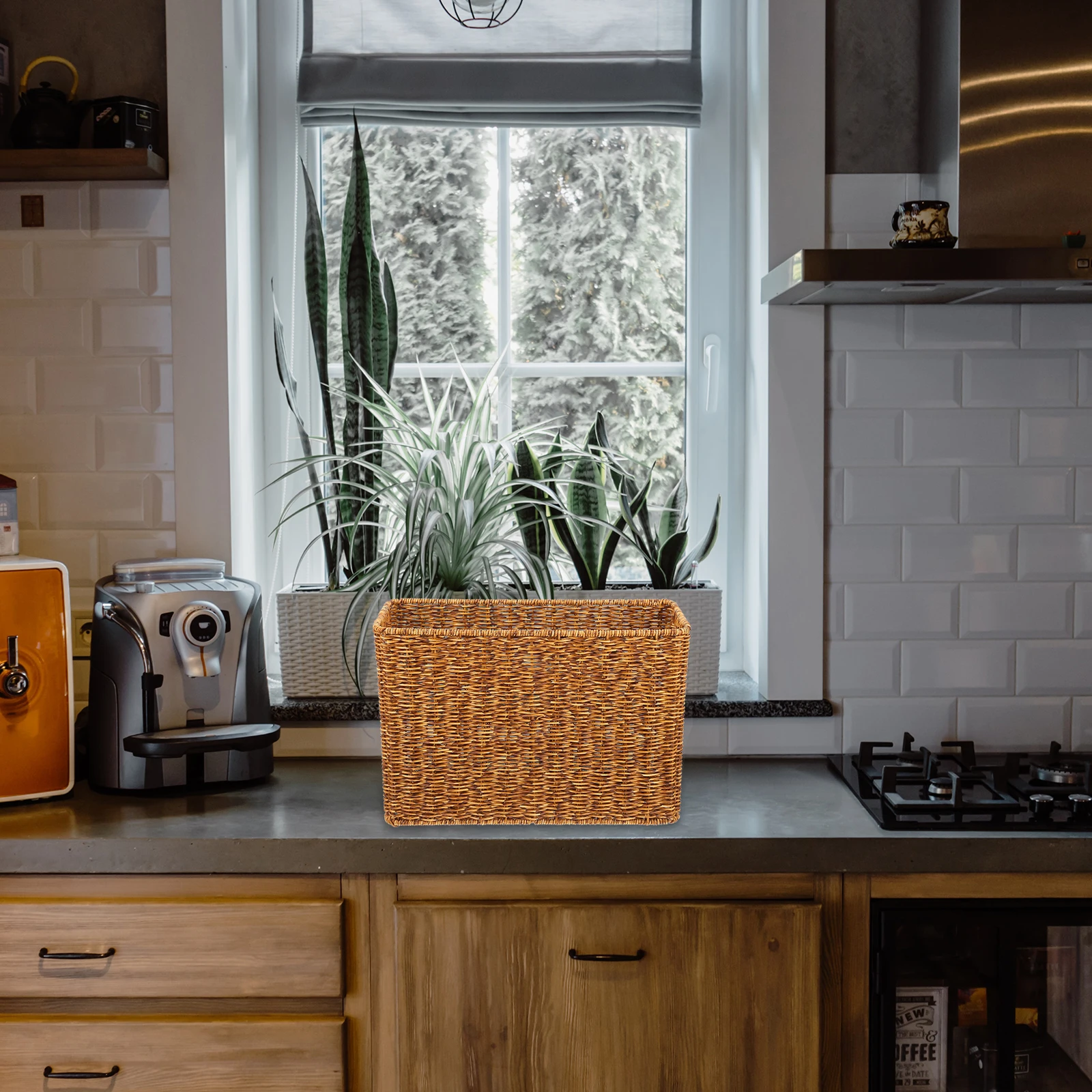 

1pc Magazine Basket Storage Container Rattan Style Deep Brown Rectangular Baskets Living Room Kitchen Hotel Household Storage