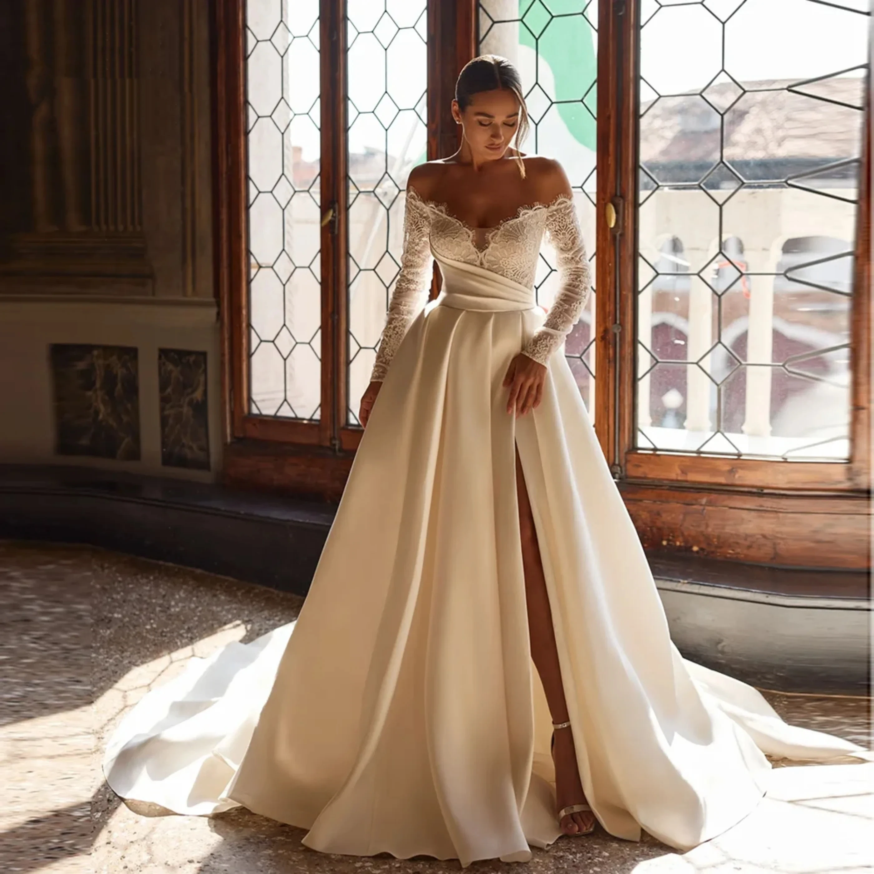 

Elegant New White A-Line Embroidered Women's Wedding Dress Sexy Off Shoulder Side Slit Bridesmaid Bride Dress Customized 2026