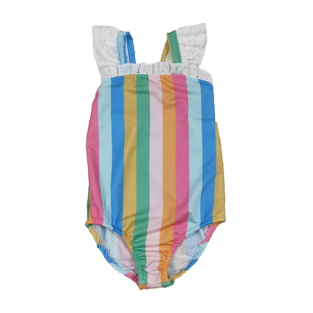 

Baby Girls Flutter Sleeves Colorful Stripe One Piece Swimsuits