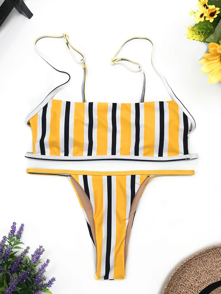 Sexy Stripe Print Swimsuit Women Solid Tube Top Bathing Suit High Cut Bikini Set Backless Beachwear Summer Brazilian Swimwear