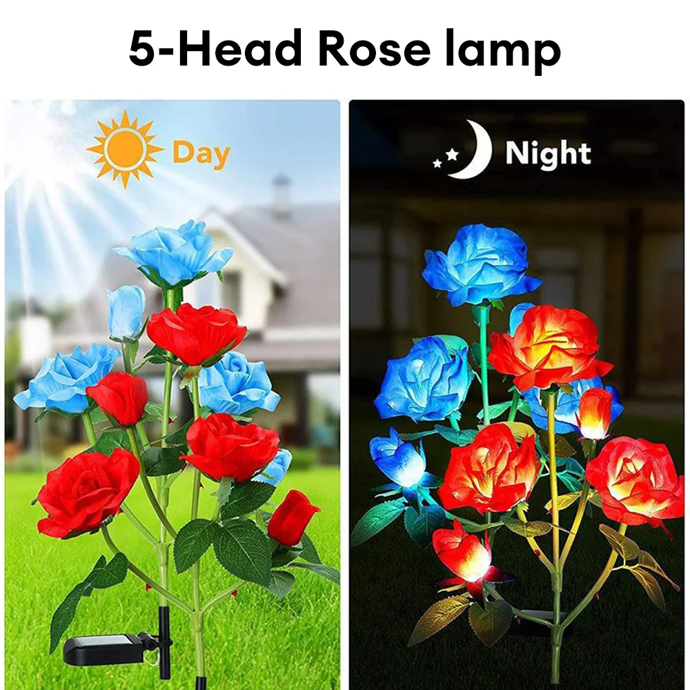 5 Head Solar Rose Light LED Garden Decor Simulation Rose Lights Outdoor Waterproof Courtyard ParkGround Insertion Lawn Light