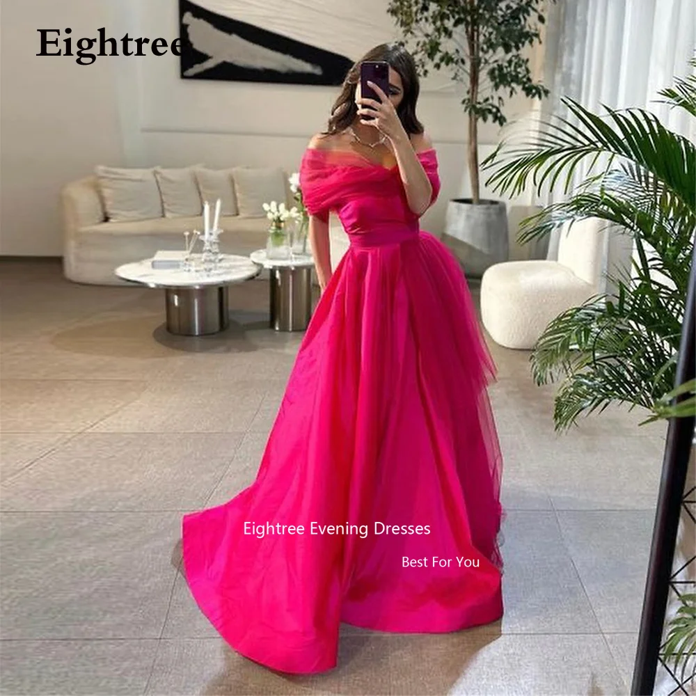 

Eightree Vintage Fuchsia Evening Dresseses Off the Shoulder Pleat Prom Gowns Women Long A Line Satin Saudi Arabia Party Dresses