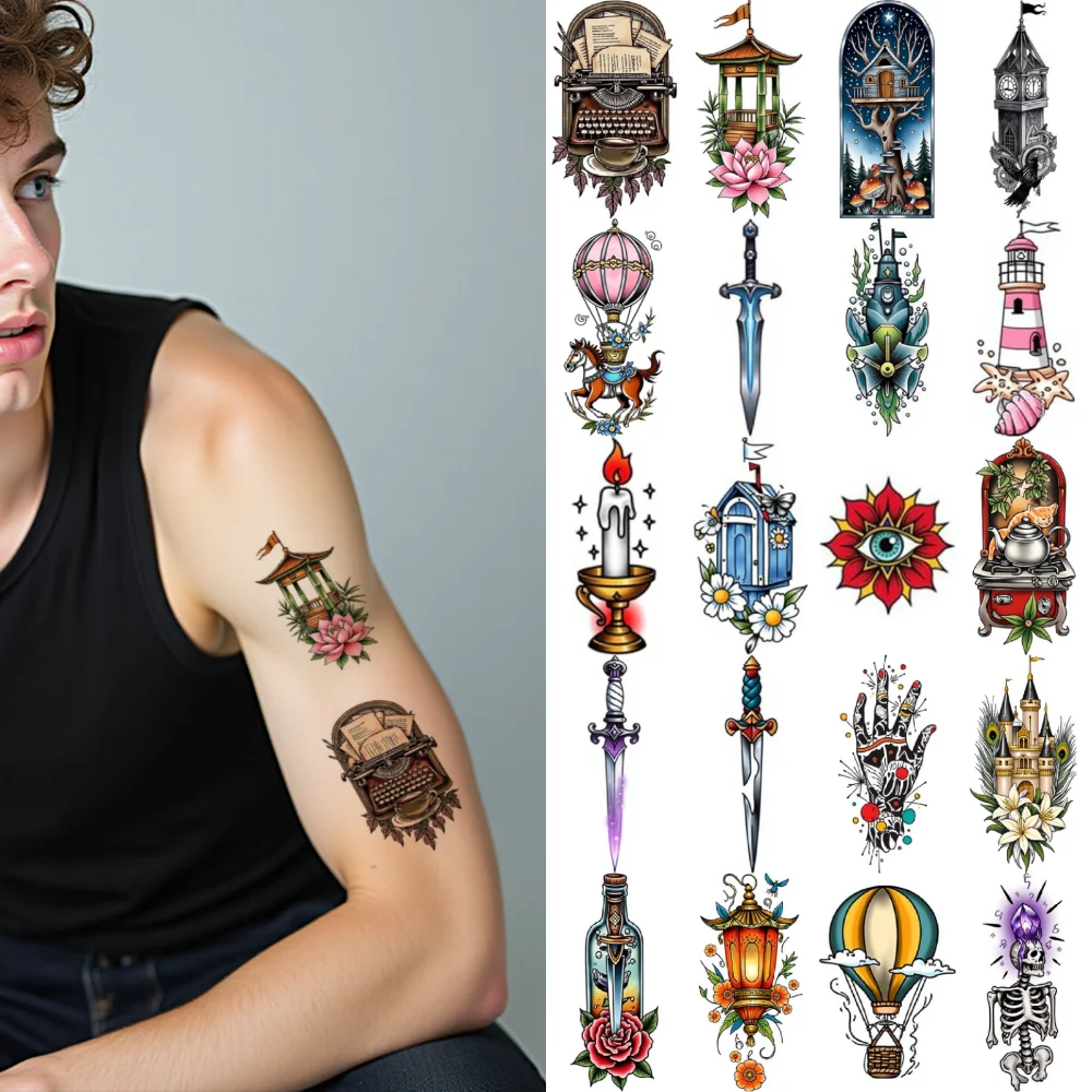28pcs Temporary Tattoo Castle New School Traditional Wooden House Sword Waterproof Long-lasting Body Stickers Skeleton For