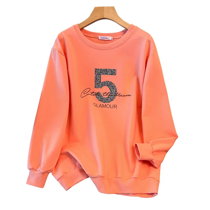 175Kg Plus Size Women's Bust 170 Spring Autumn Loose Round Neck Printed Long Sleev Sweatshirt Black Orange 5XL 6XL 7XL 8XL 9XL