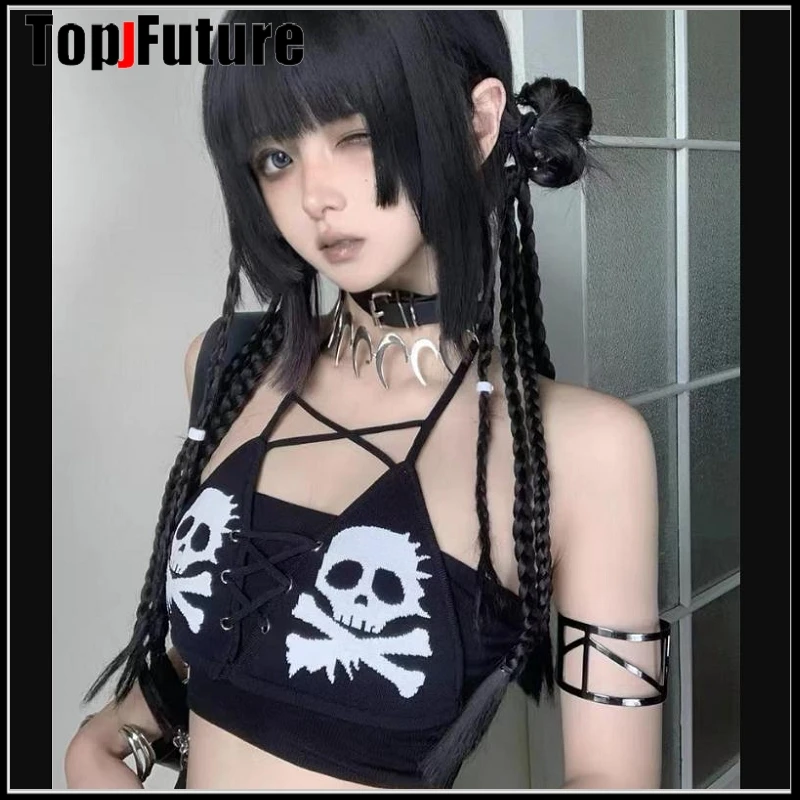 

Women Men Gothic Lolita Punk Harajuku Y2K girl skull Bikini Bling Bling Tank Top Trim Crop Tops Bikini set