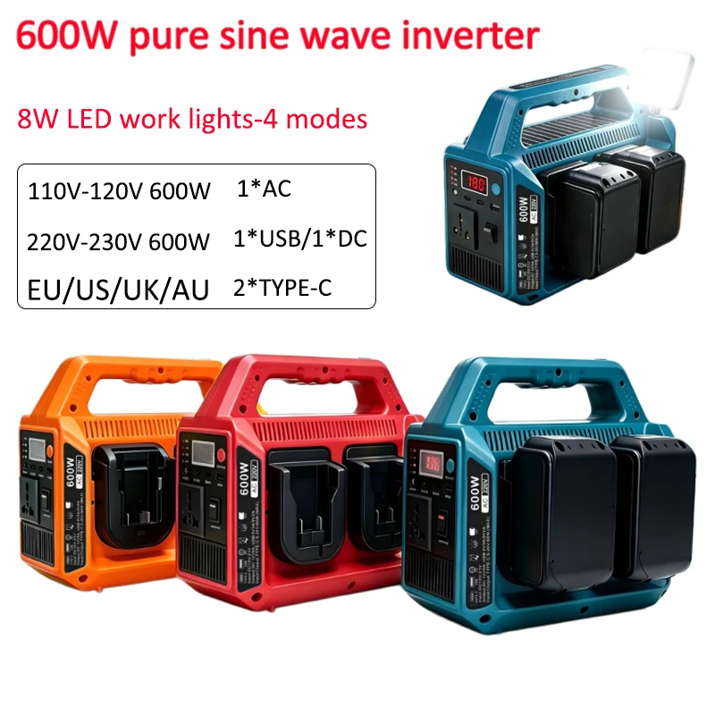 600W Pure Sine Wave Power Inverter AC110V-220V With 8W LED Light for Makita/Dewalt/Milwaukee/Bosch/Einhell/WORX18-20V Battery
