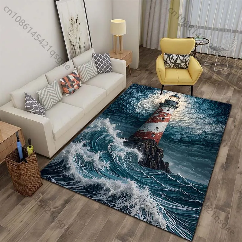 Stormy waves lighthouse swirling clouds glow Print Carpet for Living Room Bedroom Sofa Home Decor Non-slip Mat Luxury Gift
