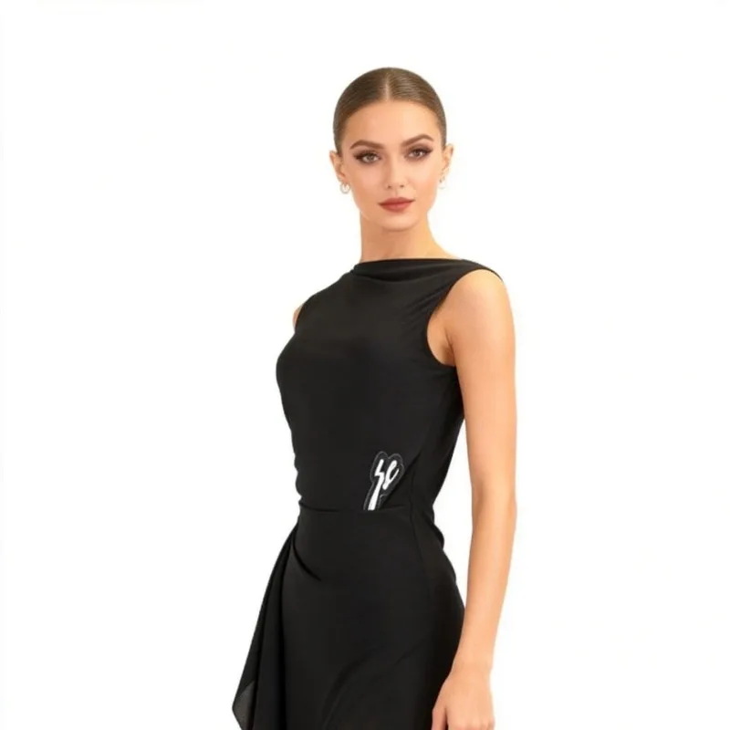 customized ZS High waisted side slit Latin dance dress loose irregular top sleeveless dance adult dresses for women L442