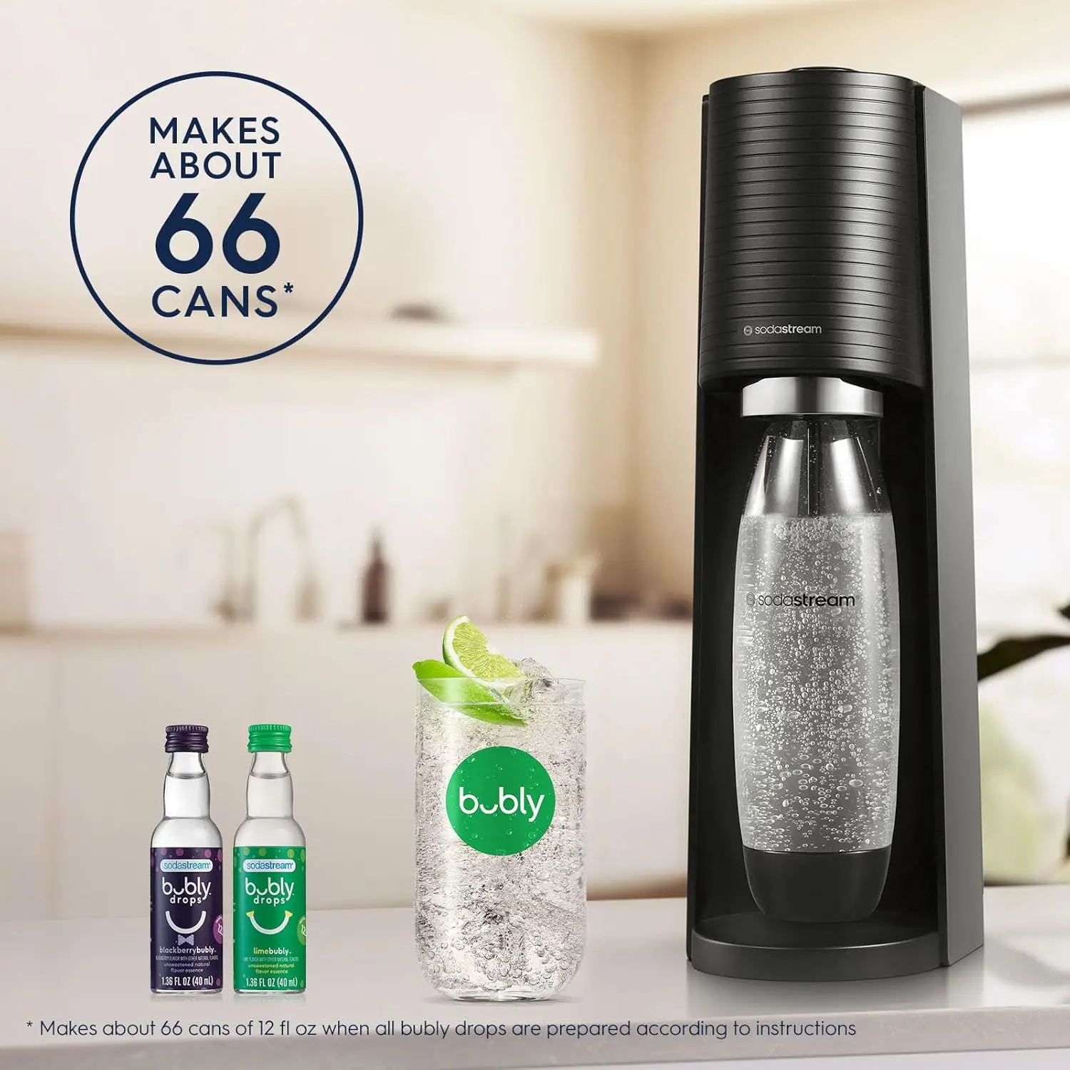 Terra Sparkling Water Maker Bundle (Black), with CO2, DWS Bottles, and Bubly Drops Flavors