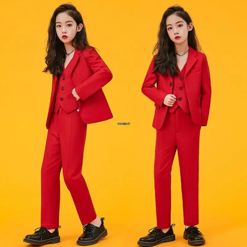 Girls Luxurious Red Photograph Suit Kids Wedding Party Dress Teenager School Performance Suit Children Piano Dance Show Costume