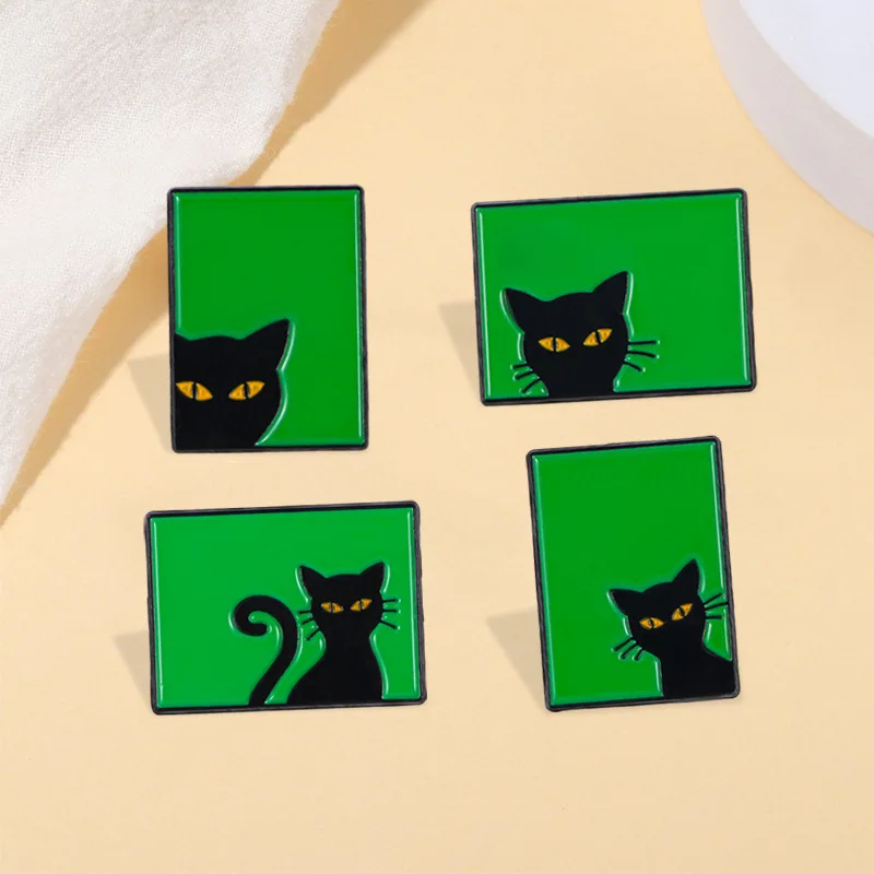 New cartoon cat brooch creative green screen black cat personality niche clothing decoration dripping oil metal badge