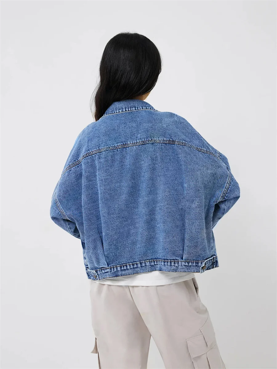 Benuynffy 2024 Autumn New Single Breasted Oversized Jeans Jacket Women's Fashion Patch Pocket Lapel Denim Coat Female Outerwear