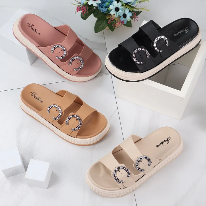 Modische Damen-Sandalen mit dicker Sohle – Flip-Flops mit verstellbarem Riemen, flache Strand-Slipper mit offener Zehenpartie für den Sommer im Freien – Detail 6