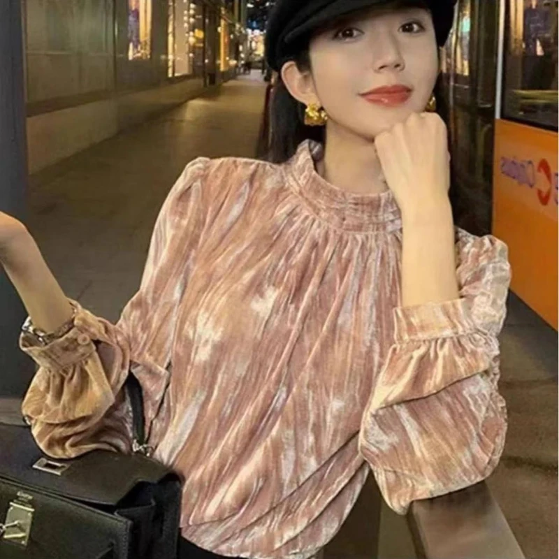 

Весенне-осенняя женская бархатная верхняя рубашка с высокой талией и воротником-стойкой, женские осенние повседневные велюровые топы 2023 г.