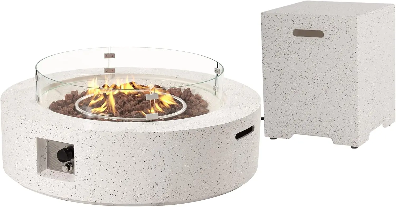 41 Inch Propane Fire Pit Table, 50,000 BTU Spotted White Patio Gas Fire Table w Glass Wind Guard, Tank Table, Lava Rocks