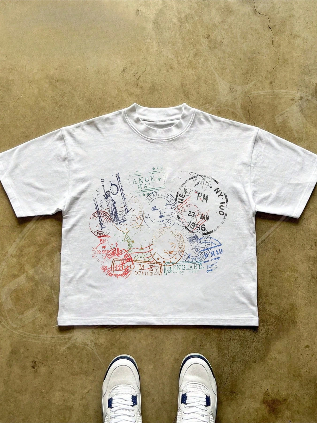 New Summer 2026 Cotton T-Shirt with Stamp-Inspired Print, Unisex, Relaxed Fit, Suitable for Any Occasion