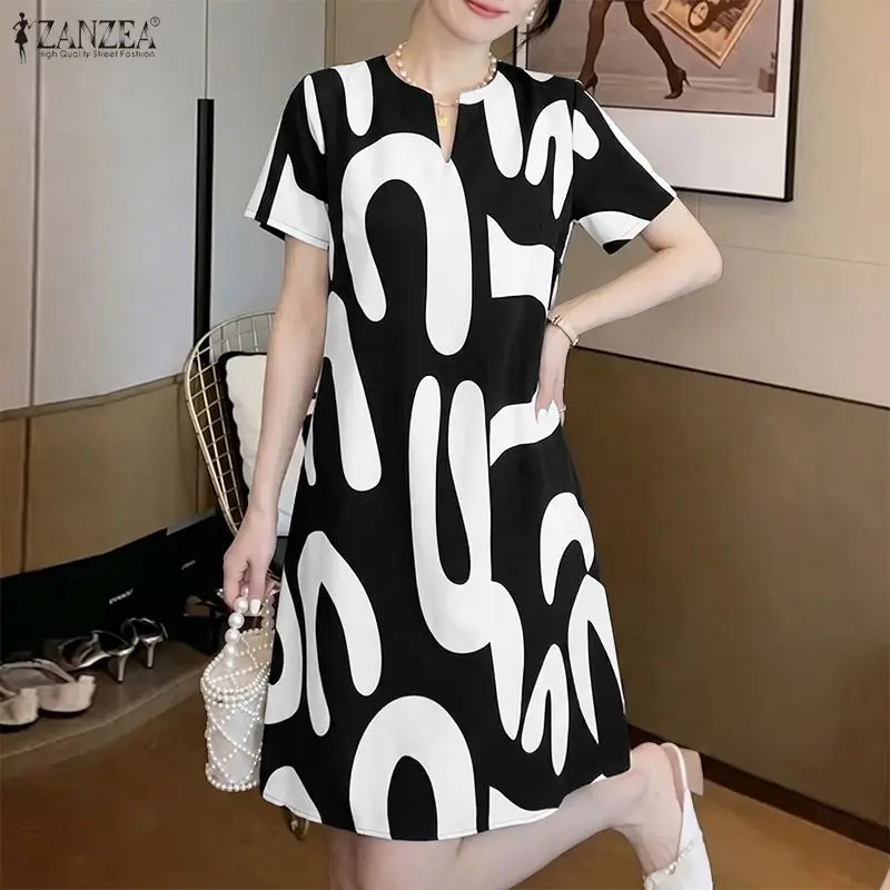 

Stylish Summer Mini Dress ZANZEA Retro Women Floral Printed Dress Bohemain Casual O Neck Short Sleeve Holiday Beach Sundress