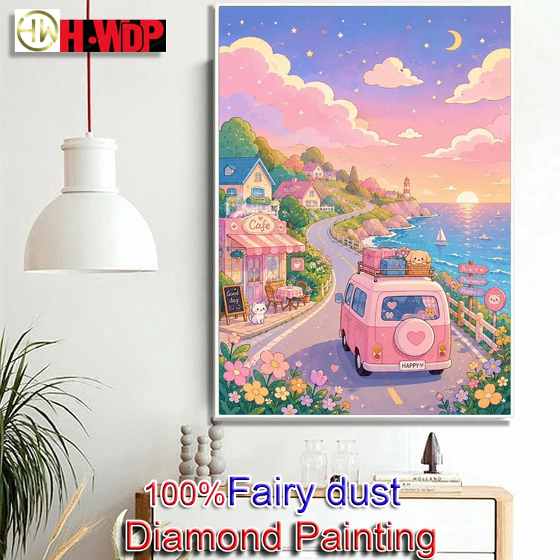 100% Fairy Dust Diamond Painting Kit Bus Square Mosaic Embroidery Wall Art Cross Stitch Landscape Diamond Art Full Crystal Decor