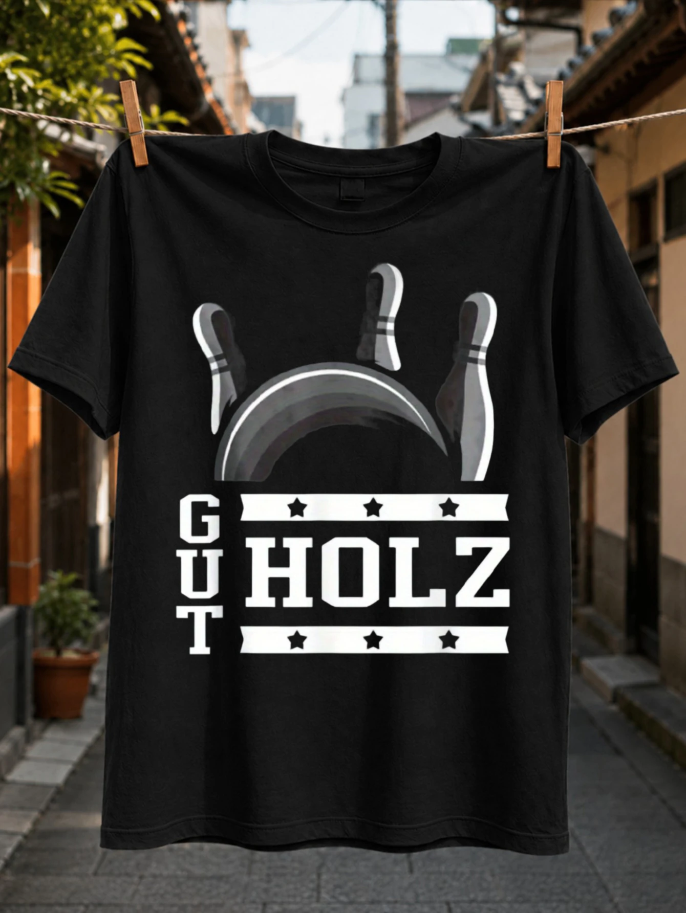 Gut Holz Bowling Pins and Ball Graphic monochrome bowling ball arc flying pins stars and block  Unisex All T-Shirt