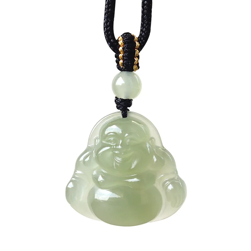Traditional Chinese Style Natural Hetian Jade Laughing Buddha Pendant Necklace Lucky Blessing Wealth Bringing Amulet Jewelry For