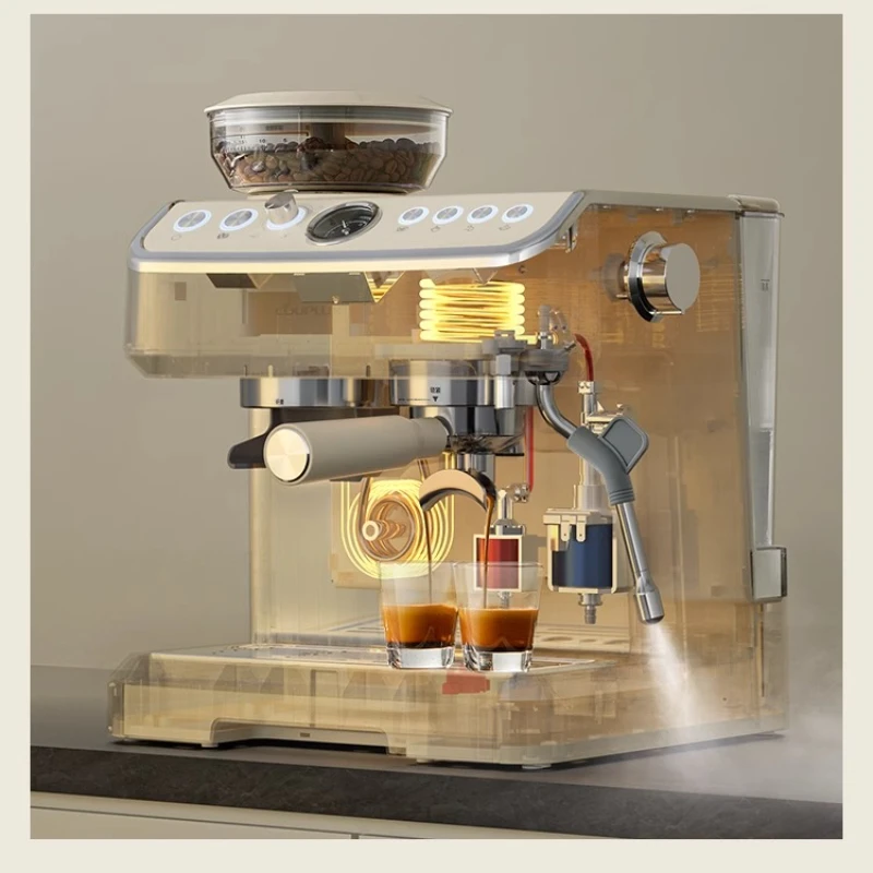 Double boiler semi-automatic and automatic Italian small household coffee machine with built-in grinder.