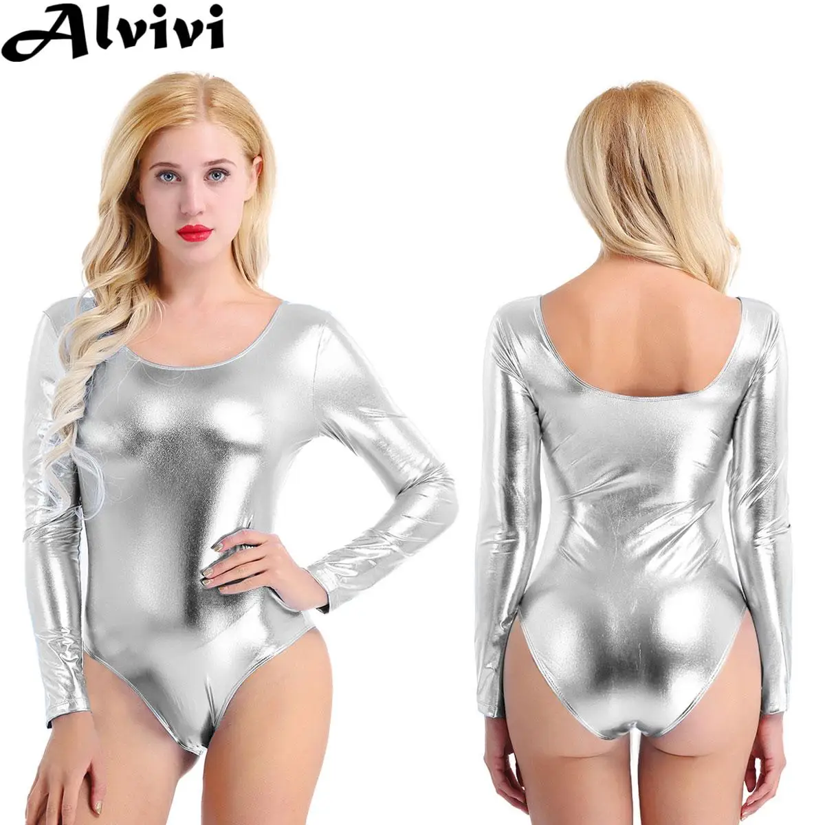 Women Gymnastics Ballet Dance Leotard Skating Acrobatics Bodysuit Long Sleeve Metallic Shiny Patent Leather Jumpsuit Clubwear