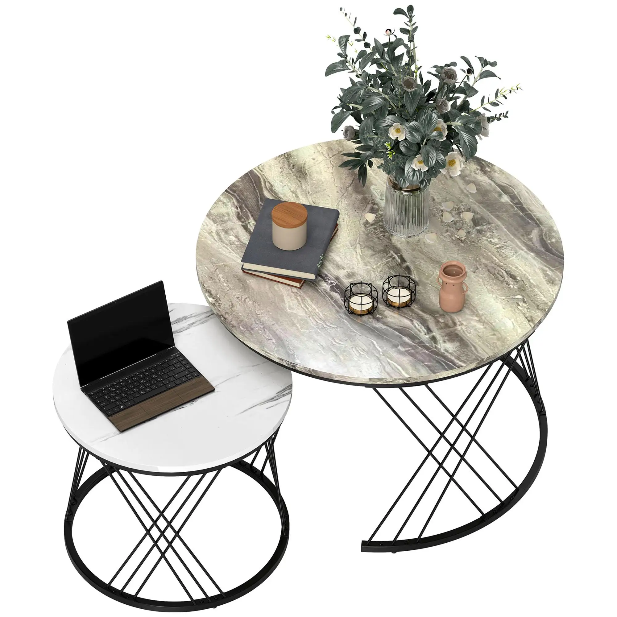 2 tables d'appoint rondes avec finition effet marbre, base en métal noir 70/44,5 cm pour salon