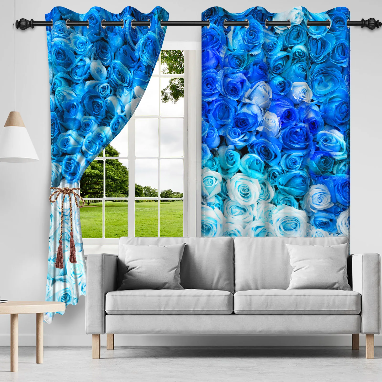 2pcs/set Valentine's Day Window Curtain 3D Printed Blue Rose Flower Bedroom Living Room Decor Blackout Polyester Fabric Curtains