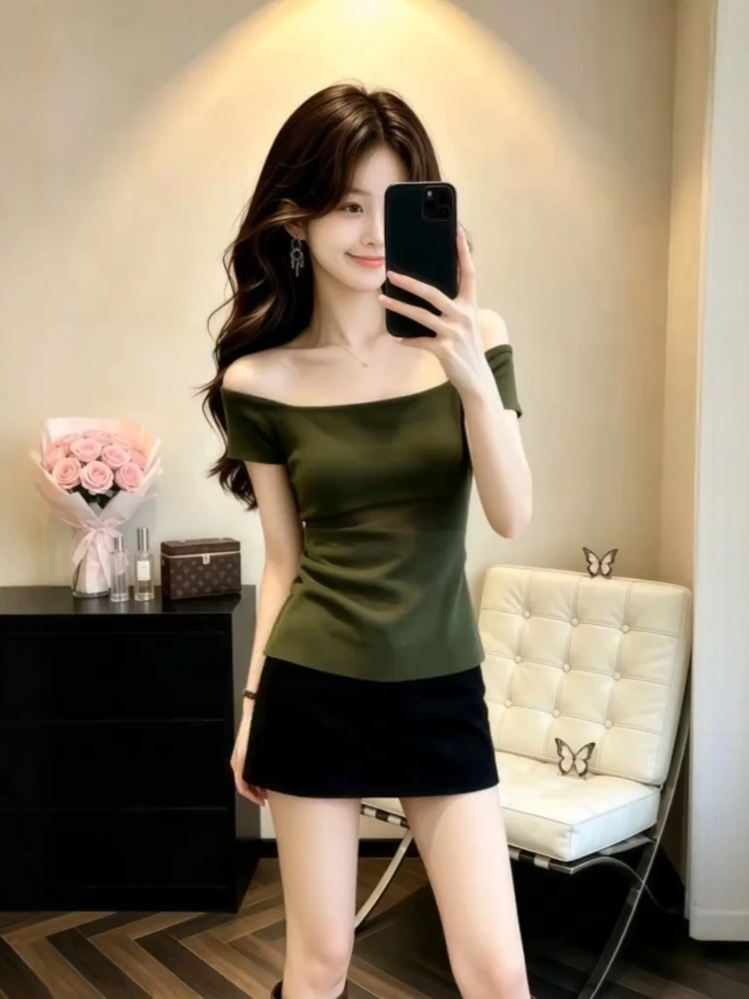 

Retro Green Pure Desire One Shoulder Top And Half Skirt Set Women's Slimming Summer Fashion Ensemble High Waist Short Sleeve