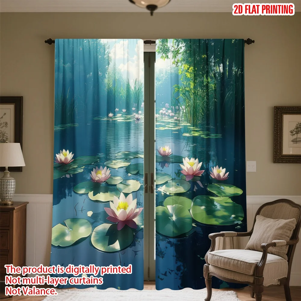 

2D flat printing 2pcs Curtain Serene Pond with Lilies Digital Printed Polyester Drapes Festive Wall Decor Use for Living Room